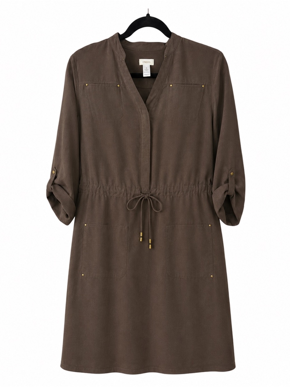 Chico’s 100% Silk Shirt Dress Size 1 Brown Drawstring Waist Roll Tab Sleeve dres